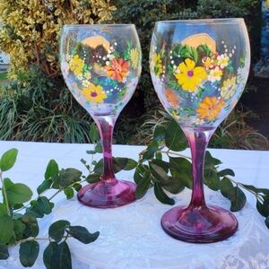 Painted Set of two purple stemmed flower crystal champagne wine glasses